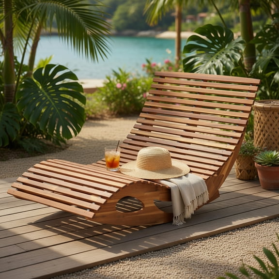 Hommoo Slatted Acacia Wood 2-Seat Dual Rocker Patio Sunbed, Ergonomic Curved Seat, Poolside & Backyard Lounger, Natural
