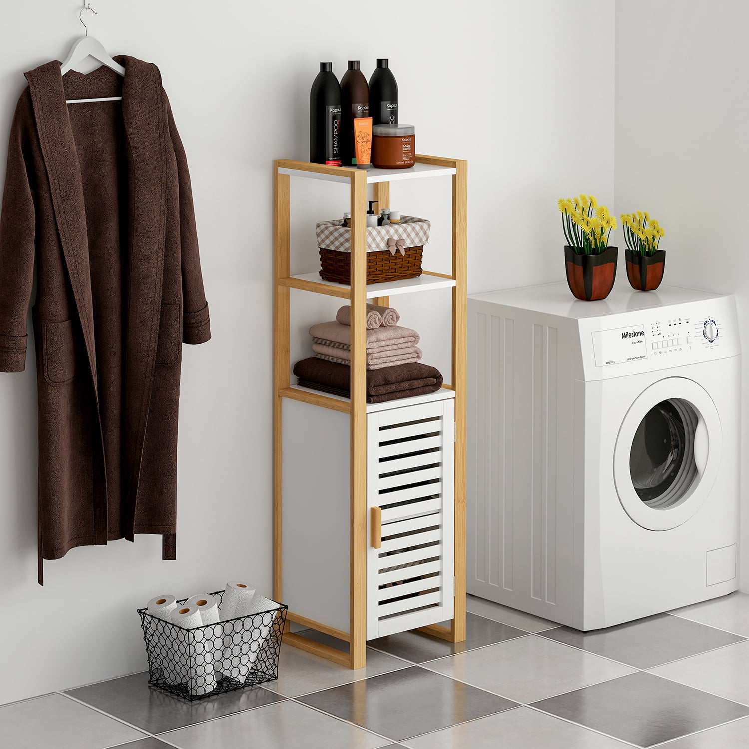 Hommoo Small Bathroom Floor Storage 3 Tier Shelf Wooden Floor