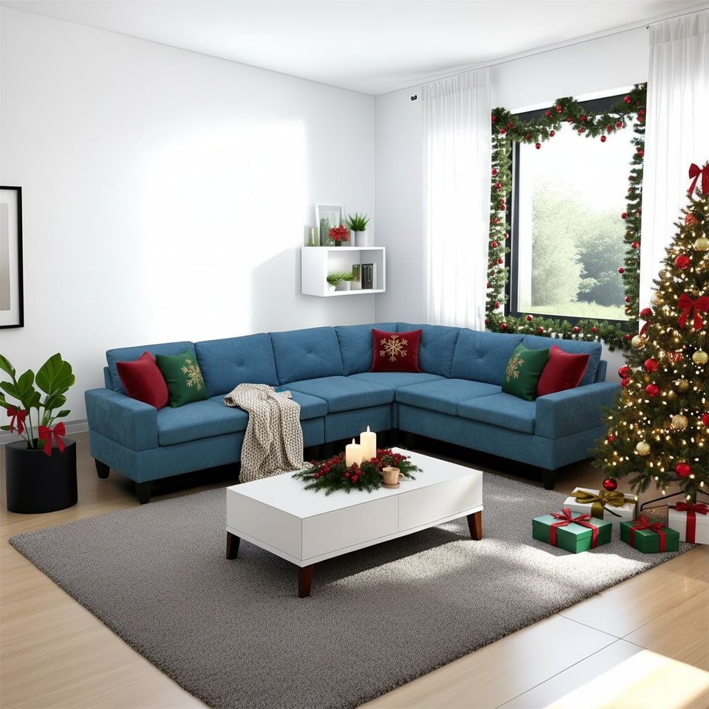 Hommoo Sofa Set,Calico 4-Piece Couch Living Room Sofa Set,Sectional Couches for Living Room,Lake Blue