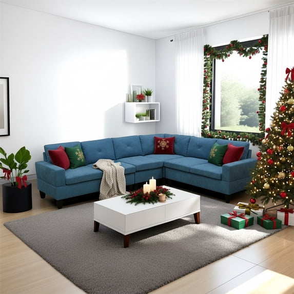 Hommoo Sofa Set,Calico 4-Piece Couch Living Room Sofa Set,Sectional Couches for Living Room,Lake Blue