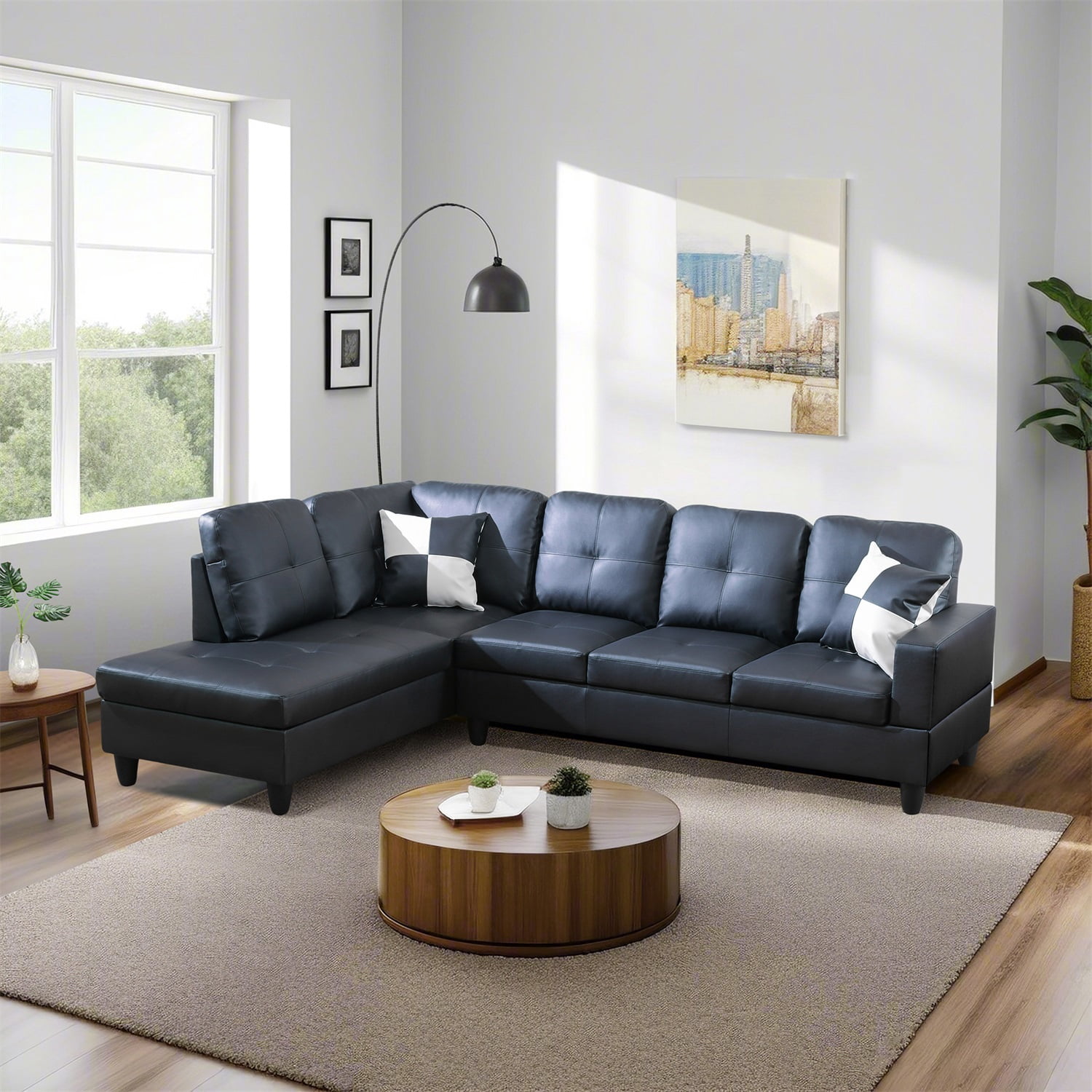 Hommoo Sofa Set, 2-Piece Faux Leather Couch Living Room Furniture Set,L-Shaped Sectional Couches and Sofa Set for Living Room,Left Side,No Ottomans,Blcak