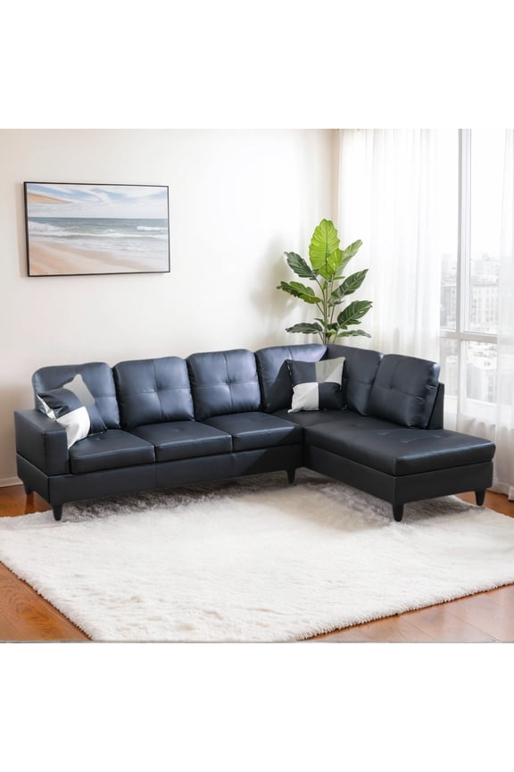 2-Piece Faux Leather Sofa Set, Living Room Furniture Set, L-Shaped Sectional Sofa Couches for Living Room, Black