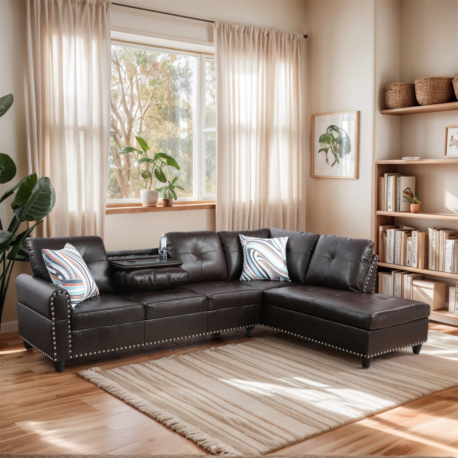 Hommoo Sofa Set, Faux Leather Synthetic Leather 2-Piece Sofa Set,L-Shaped Sectional Couch Set with Left Armrest for Living Room，Brown（No Ottoman）