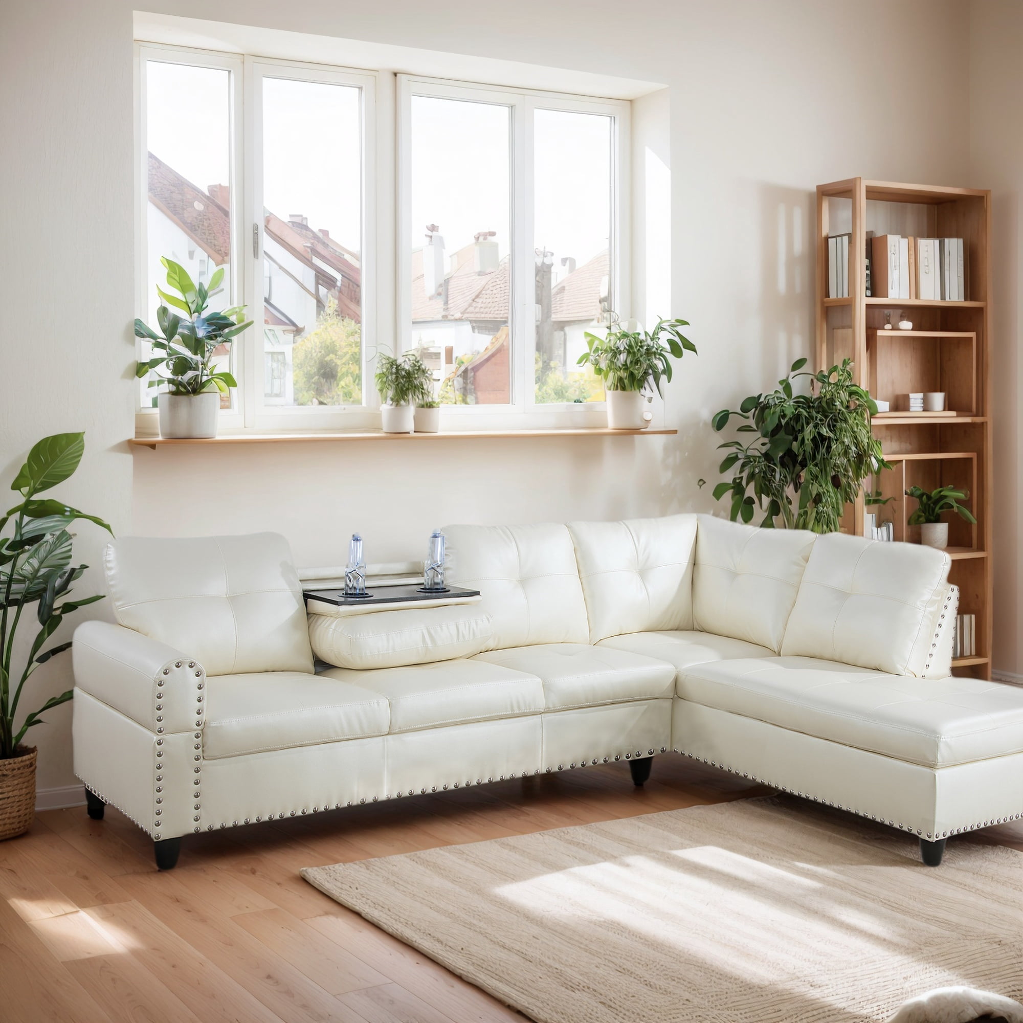 Hommoo Sofa Set, Faux Leather Synthetic Leather 2-Piece Sofa Set,L-Shaped Sectional Couch Set with Left Armrest for Living Room，White（No Ottoman）