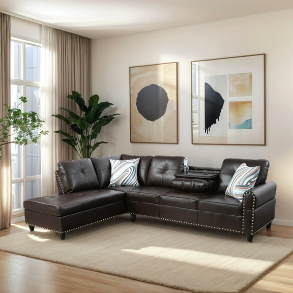 Hommoo Sofa Set, Faux Leather Synthetic Leather 2-Piece Sofa Set,L-Shaped Sectional Couch Set with Right Armrest for Living RoomBrownNo Ottoman