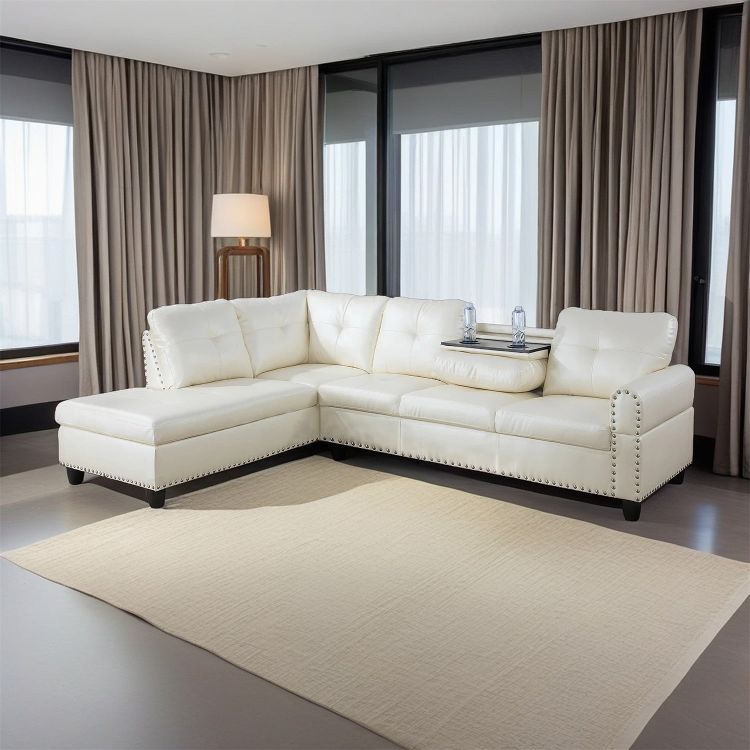Hommoo Sofa Set, Faux Leather Synthetic Leather 2-Piece Sofa Set,L-Shaped Sectional Couch Set with Right Armrest for Living Room，White（No Ottoman)