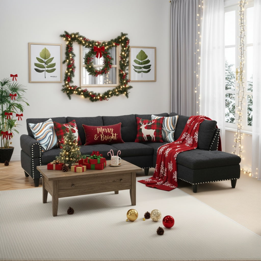 Hommoo Sofa Set, Linen 2-Piece Sofa Living Room Sofa Set,L-Shaped Living Room Couches,Black Grey