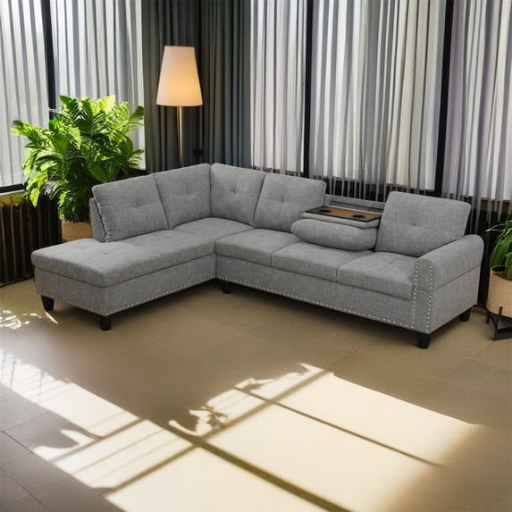 Hommoo Sofa Set, Linen 2-Piece Sofa Set,L-Shaped Sectional Couch Set with Right Armrest for Living Room,Brown Grey(No Ottoman)