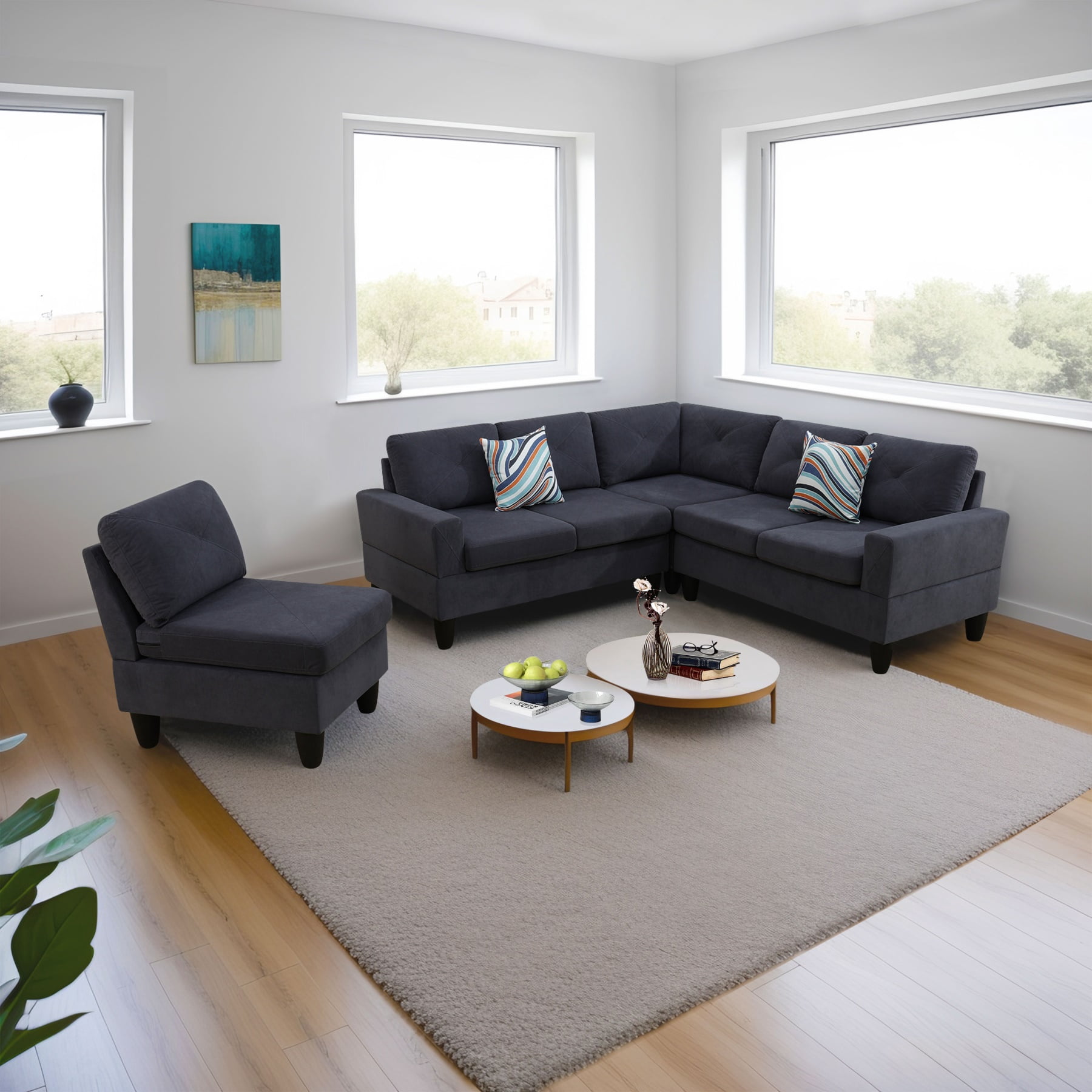 Hommoo Sofa Set,Massa Flannel 4-Piece Couch Living Room Sofa Set,Sectional Couches for Living Room,Dark Grey
