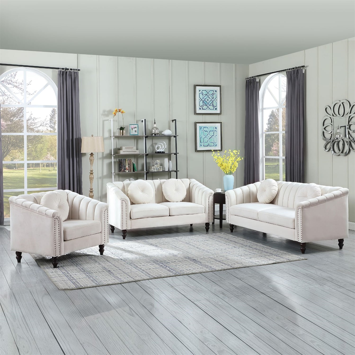 Hommoo Sofa Set,Microfiber 3-Piece Couch Living Room Sofa Set Including 3-Seater Sofa, Loveseat and Single Chair, for Apartment Furniture Set,White