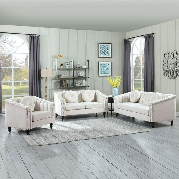 Hommoo Sofa Set,Microfiber 3-Piece Couch Living Room Sofa Set Including 3-Seater Sofa, Loveseat and Single Chair, for Apartment Furniture Set,White