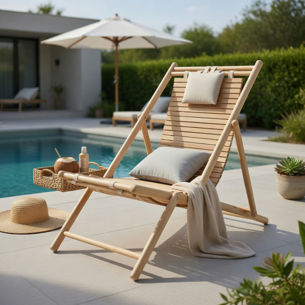 Hommoo Solid Fir Wood Folding Lounge Chair with 3-Position Adjustable Backrest & Plush Padded Headrest, for Patio, Backyard, Porch, Natural