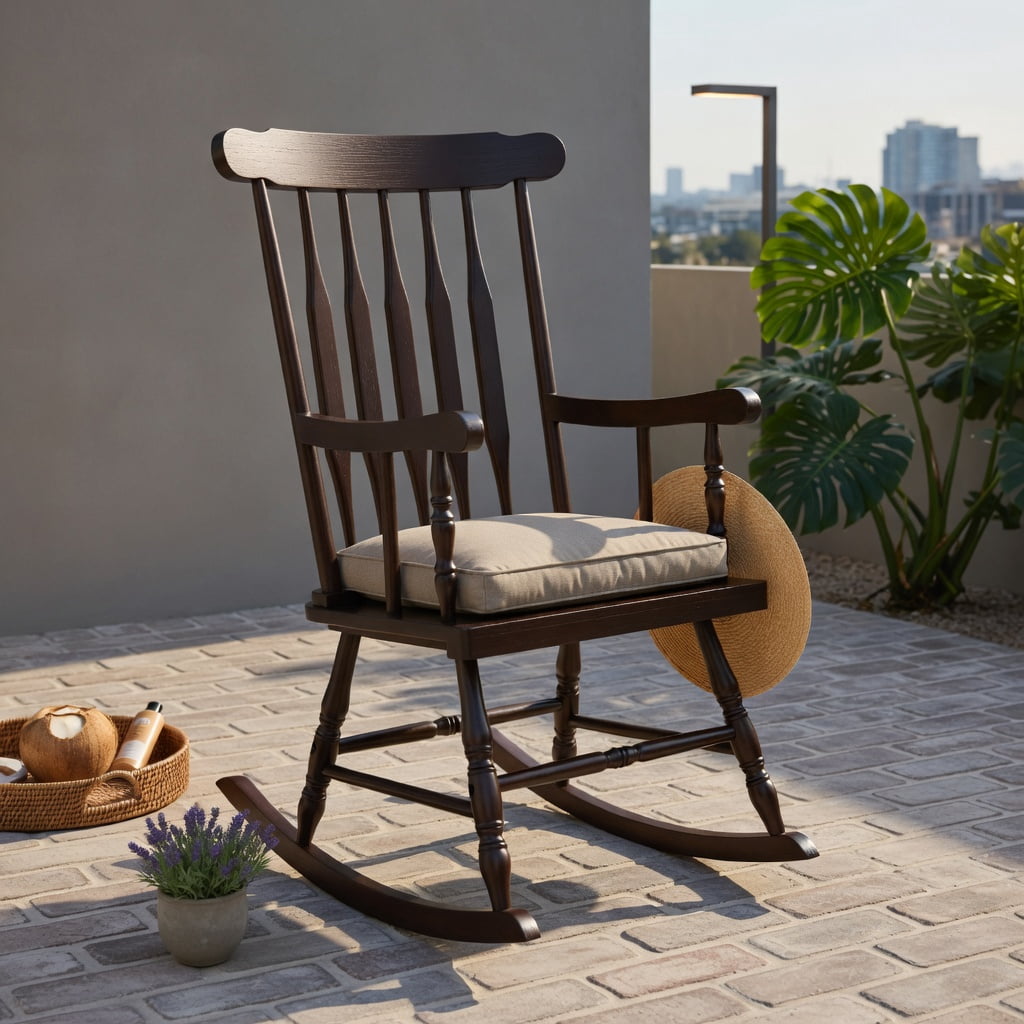Hommoo Solid Rubber Wood Rocking Chair for Patio, Garden & Indoor Use, Ergonomic Outdoor Rocker with High Back & Curved Armrests, Black