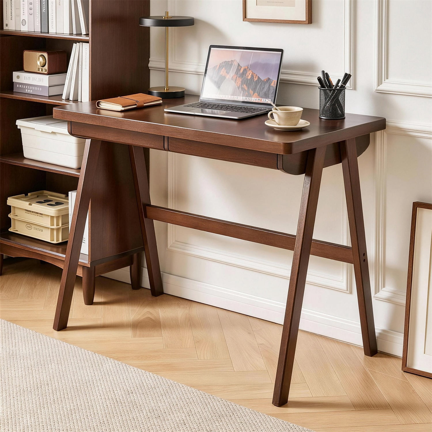 Hommoo Solid Rubberwood Writing Desk with Drawer, Home Office Desk, A-Frame Study Table for Students & Adults, Eco-Friendly Wooden Computer Desk, Walnut