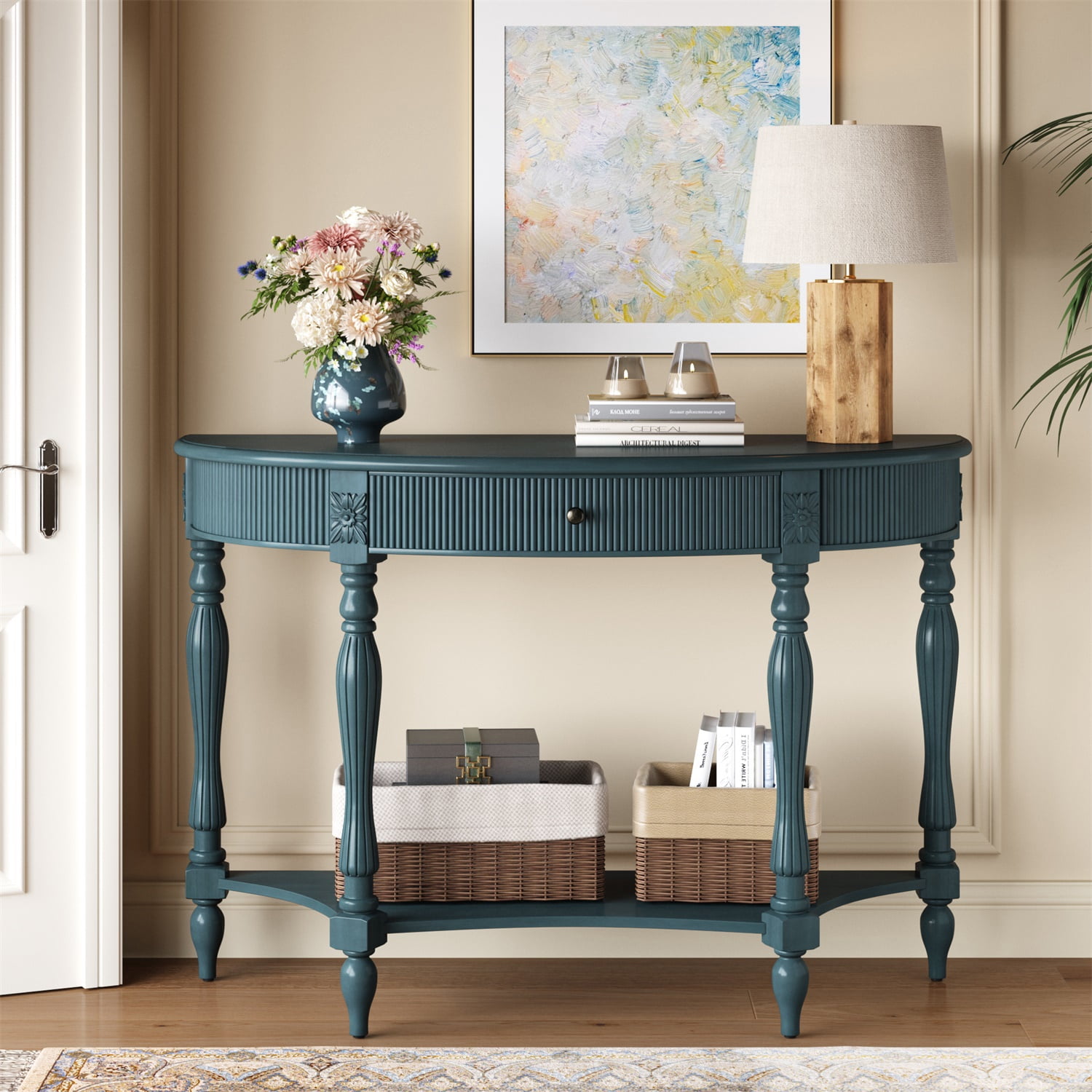 Hommoo Solid Wood Half Moon Console Table with Drawer & Open Shelf, Fluted Vintage Entryway Table for Hallway, Foyer, Living Room, or Behind Sofa, Farmhouse Style, Rustic Blue