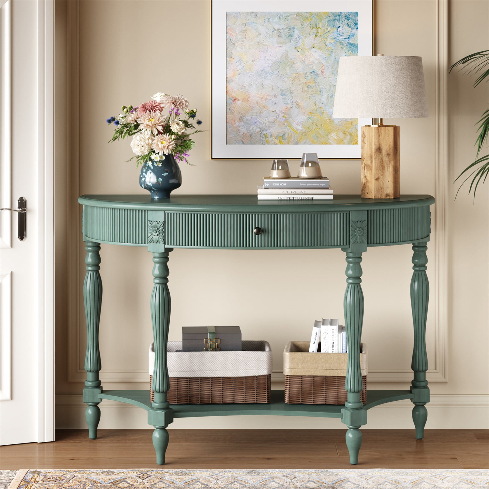 Hommoo Solid Wood Half Moon Console Table with Drawer & Open Shelf, Vintage Fluted Entryway Table for Hallway, Foyer, Living Room, Sofa Table with Roman Column Carved Legs, Rustic Green