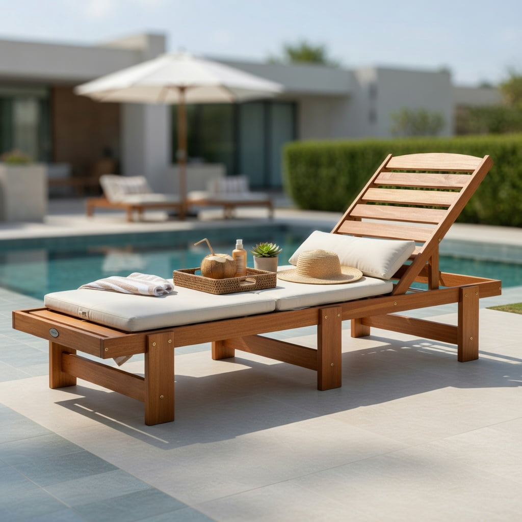 Hommoo Solid Wood Outdoor Chaise Lounge Chair with 5-Position Adjustable Backrest, Heavy-Duty Patio Recliner for Backyard, Garden & Poolside, Natural