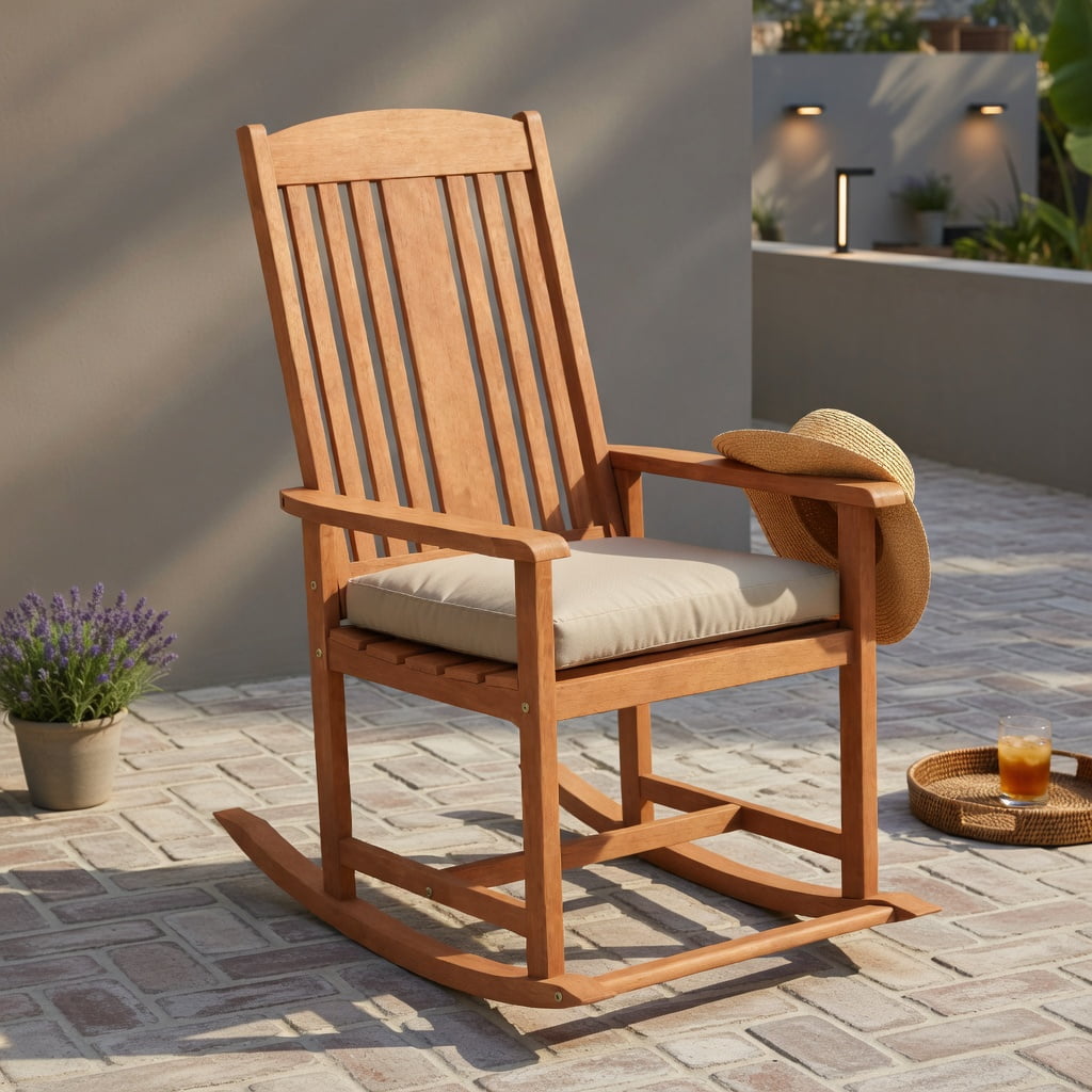 Hommoo Solid Wood Outdoor Rocking Chair, High-Back Porch Rocker with Slatted Seat, Easy Assembly for Patio, Deck & Poolside, Natural