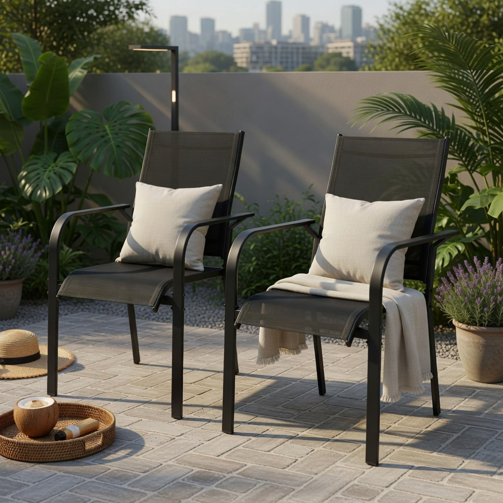 Hommoo Stackable Outdoor Dining Chairs Set of 2, Heavy-Duty Metal Frame Patio Armchairs with Breathable Mesh Back, Black
