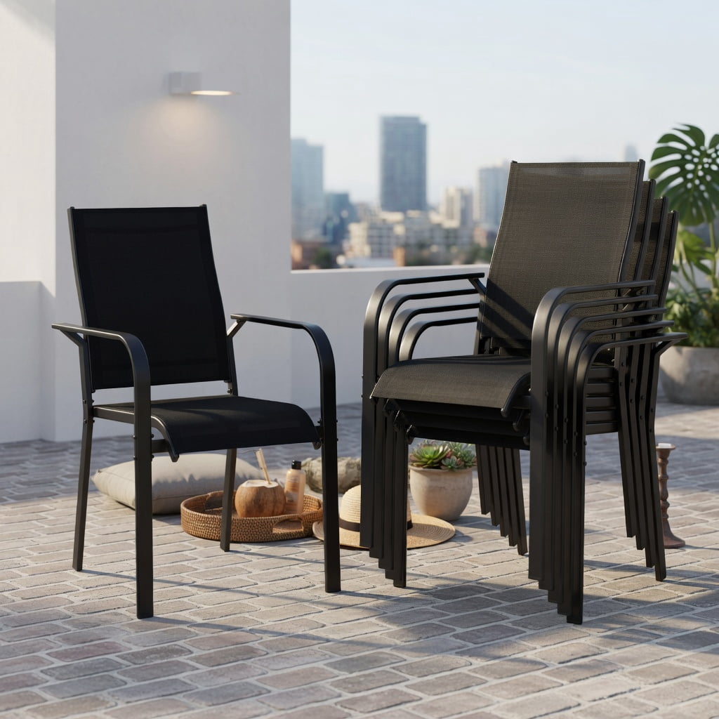 Hommoo Stackable Outdoor Dining Chairs Set of 6, Heavy-Duty Metal Frame Patio Chairs with Breathable Mesh Back, Ergonomic Armrests, Black