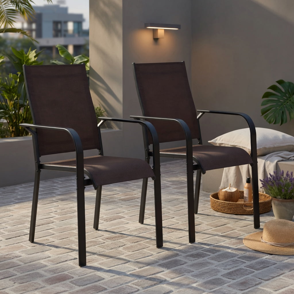 Hommoo Stackable Outdoor Patio Dining Chairs Set of 2, Modern Metal Armchairs with Breathable Mesh Back, Easy Assembly for Deck, Balcony & Garden, Coffee