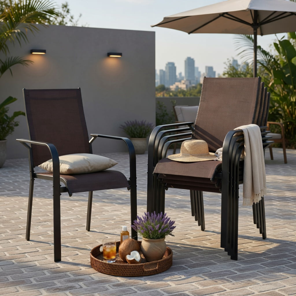 Hommoo Stackable Outdoor Patio Dining Chairs Set of 6, Heavy-Duty Metal Frame, Breathable Mesh Seat, Coffee