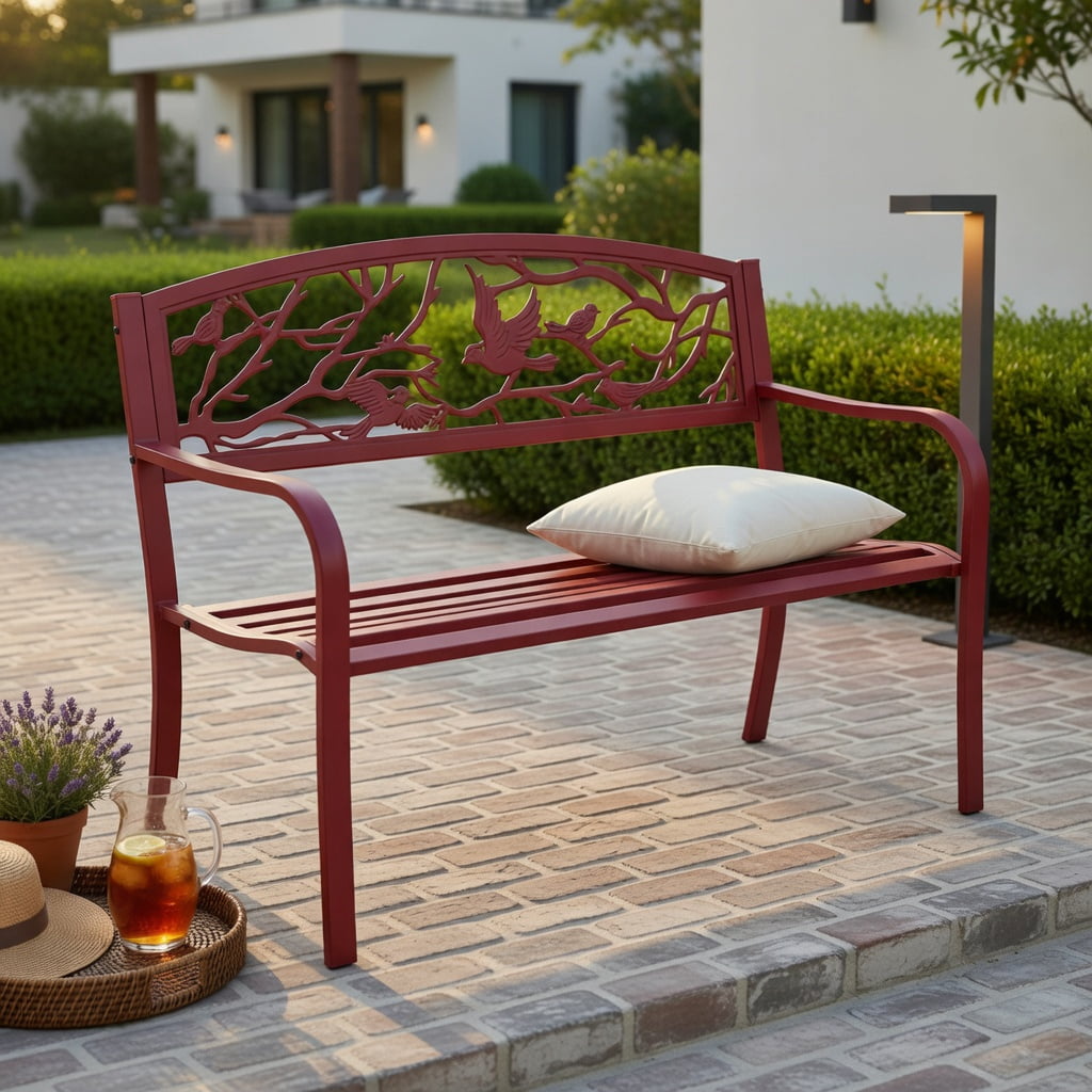 Hommoo Steel & Cast Iron Outdoor Garden Bench for Patio, Yard, Deck or Park, with Ergonomic Backrest and Armrests, Red