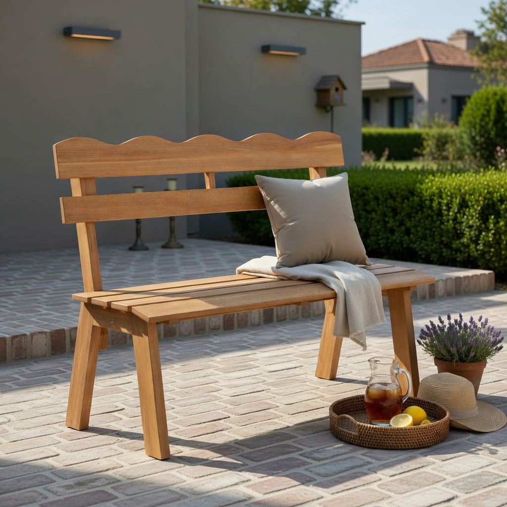 Hommoo Sturdy Outdoor Acacia Wood Garden Bench, Ergonomic Waved Backrest, Adjustable Feet, Pre-Assembled for Patio, Porch & Backyard, Natural
