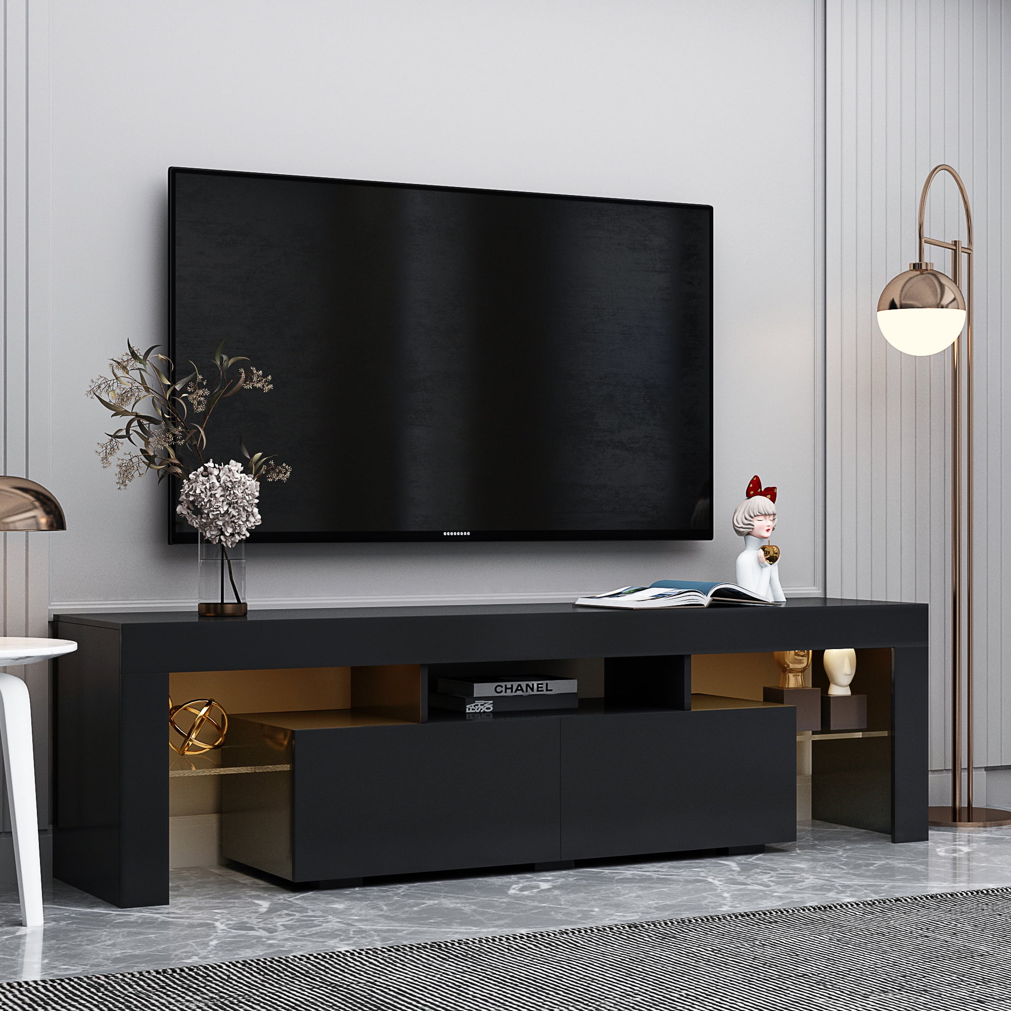 Hommoo TV Stand Cabinet for Living Room up to 70 Inch TV, Entertainment Center with 16 Color LED Light, TV Stand High Gloss TV Console Table for Living Room, Black