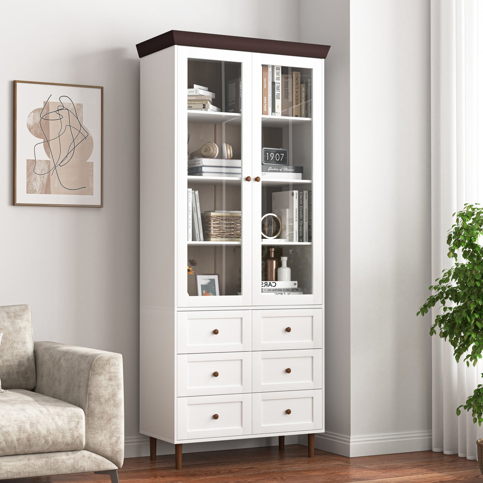 Hommoo Tall Display Storage Cabinet, Kitchen Pantry Cabinets with Glass Doors and Adjustable Shelves, Freestanding Storage Cupboard， White