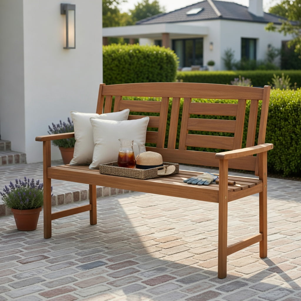 Hommoo Teak Outdoor Solid Wood Loveseat Bench, 2-Seat Patio Bench with Ergonomic 108° Backrest, Slatted Seat & Reinforced Crossbar for Garden, Balcony & Deck, Natural