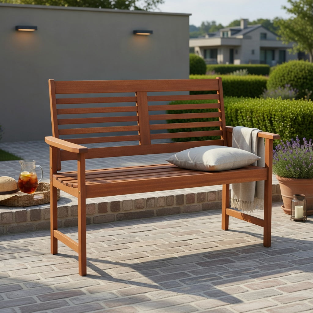 Hommoo Teak Solid Wood Outdoor Loveseat Bench, 2-Seat Patio Bench with Ergonomic Inclined Backrest, Slatted Ventilated Seat & Reinforced Crossbar Support, Natural