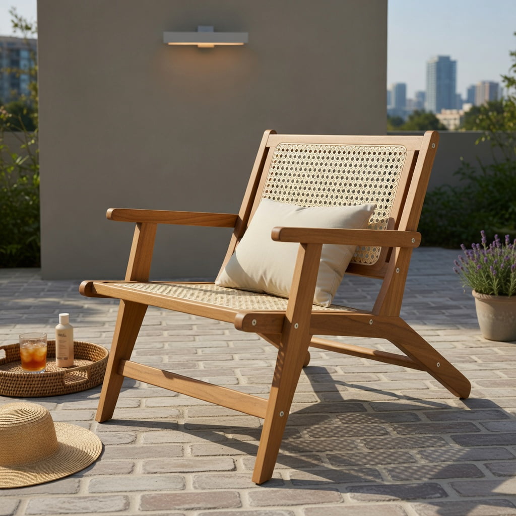 Hommoo Teak Wood Dining Chair with Handwoven Rattan Seat & Backrest, Indoor Accent Chair for Living Room, Kitchen & Bedroom, Natural