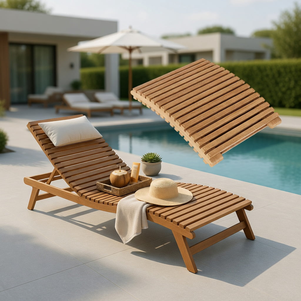 Hommoo Teak Wood Folding Chaise Lounge Chair for Patio, Backyard & Poolside, Slatted Design, Easy-Store Outdoor Recliner, Natural
