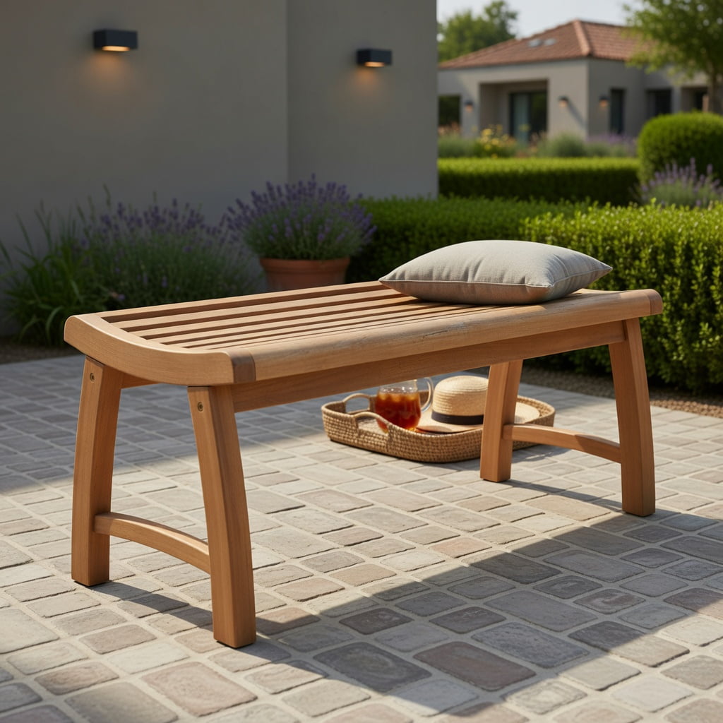 Hommoo Teak Wood Outdoor Backless Garden Bench, Contoured Slatted Seat, Easy 3-Step Assembly for Patio, Porch & Backyard, Natural