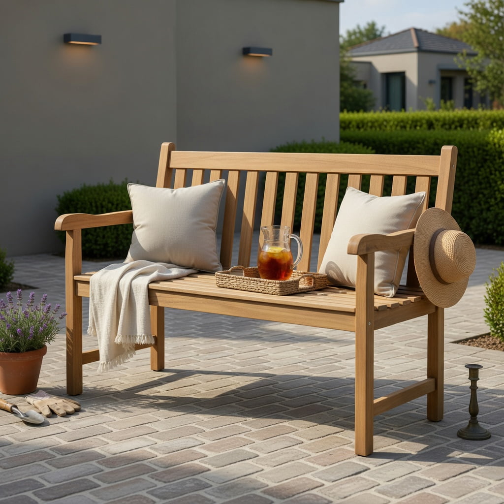 Hommoo Teak Wood Outdoor Patio Bench, 3-Seat Garden Bench with Armrests, Ergonomic Backrest & Heavy-Duty Support for Porch, Balcony & Backyard, Natural