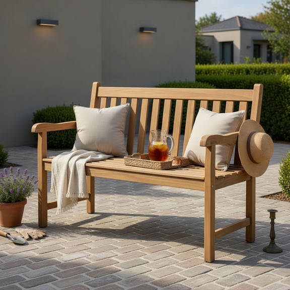 Hommoo Teak Wood Outdoor Patio Bench, 3-Seat Garden Bench with Armrests, Ergonomic Backrest & Heavy-Duty Support for Porch, Balcony & Backyard, Natural