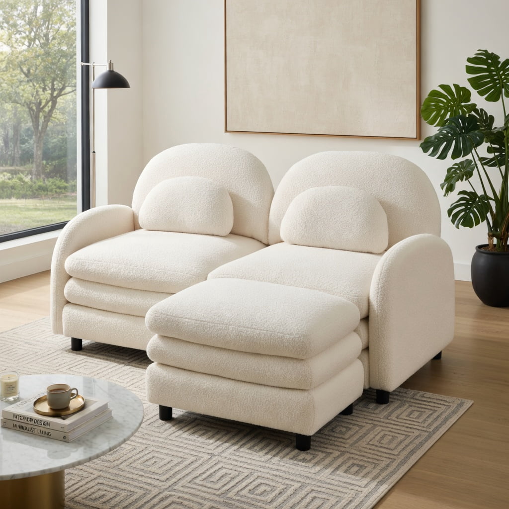 Hommoo Teddy Fleece 2-Seat Modular Loveseat Sofa with Curved Backrest, Removable Ottoman & Lumbar Pillows, Cloud-Like Comfort Sectional Couch, Beige
