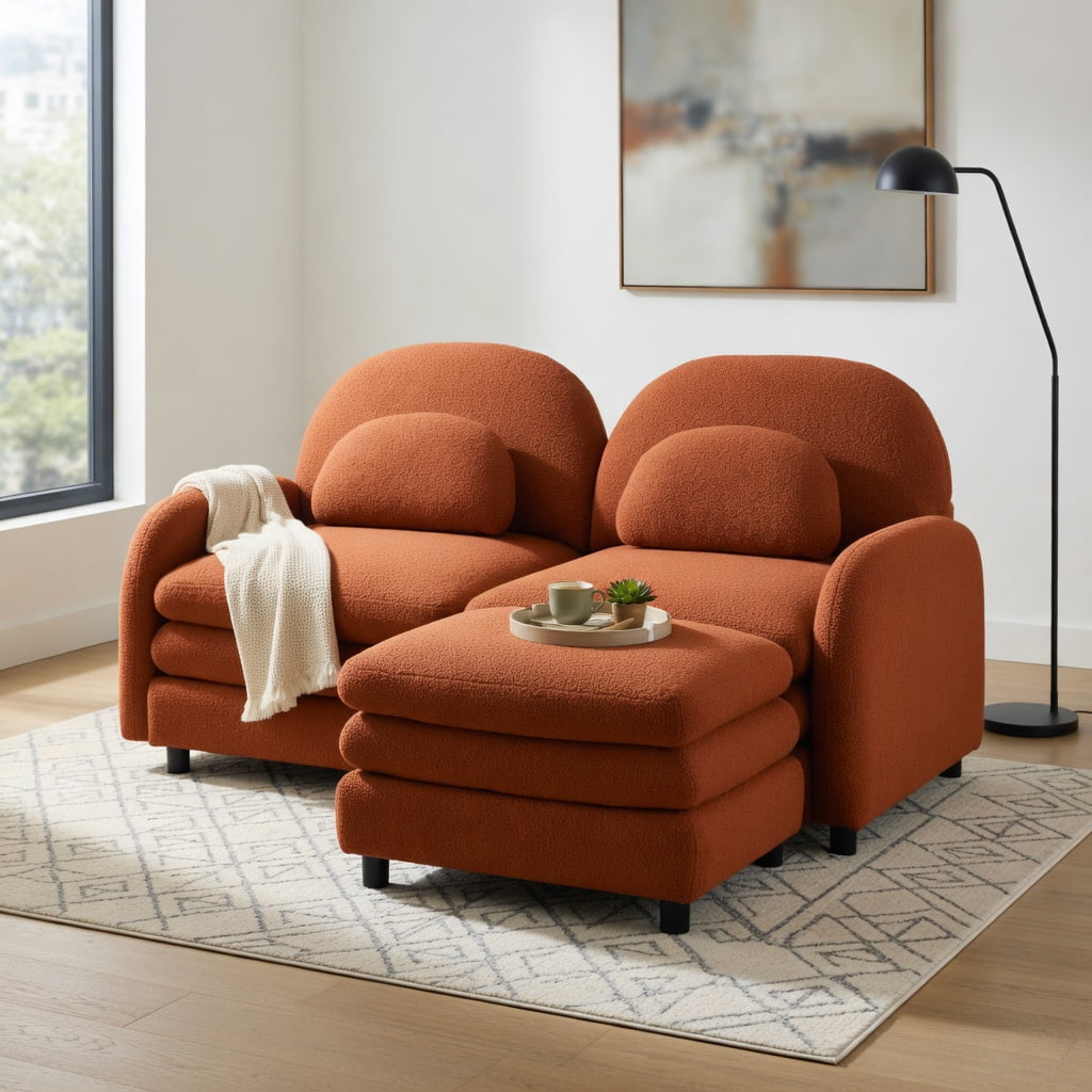 Hommoo Teddy Fleece 2-Seat Modular Loveseat Sofa with Movable Ottoman, Cloud-Like Double-Layer Cushions & Curved Lumbar Pillows, Orange