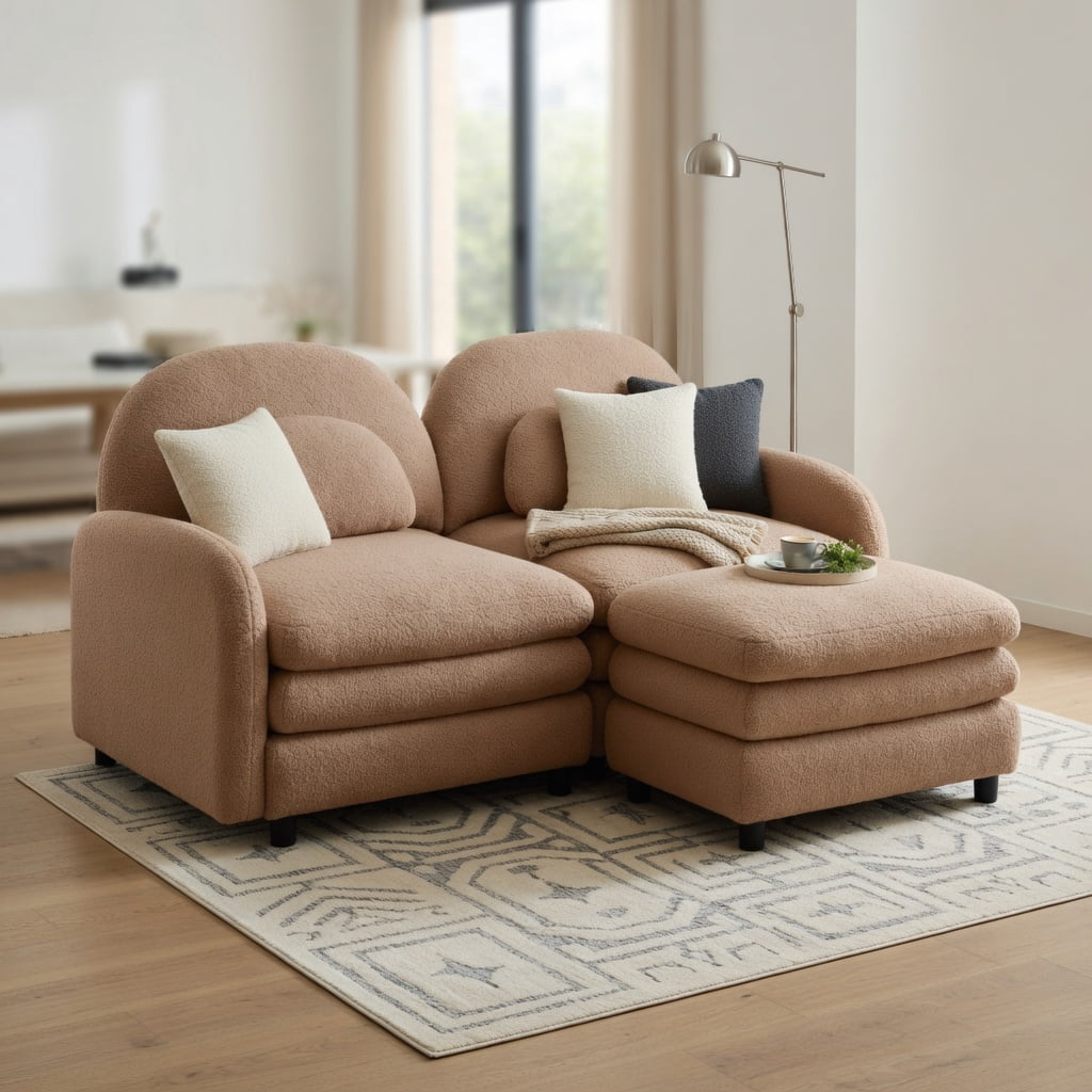 Hommoo Teddy Fleece 2-Seat Modular Loveseat Sofa with Movable Ottoman, Cloud-Like Double-Layer Cushions & Curved Lumbar Support, Camel