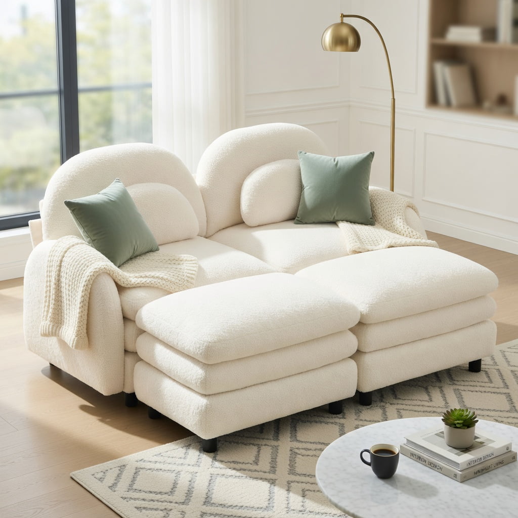 Hommoo Teddy Fleece 2-Seat Modular Sofa with Curved Backrest, Cloud-Like Double-Layer Cushions & 2 Movable Ottomans, Living Room Sectional Couch, Beige