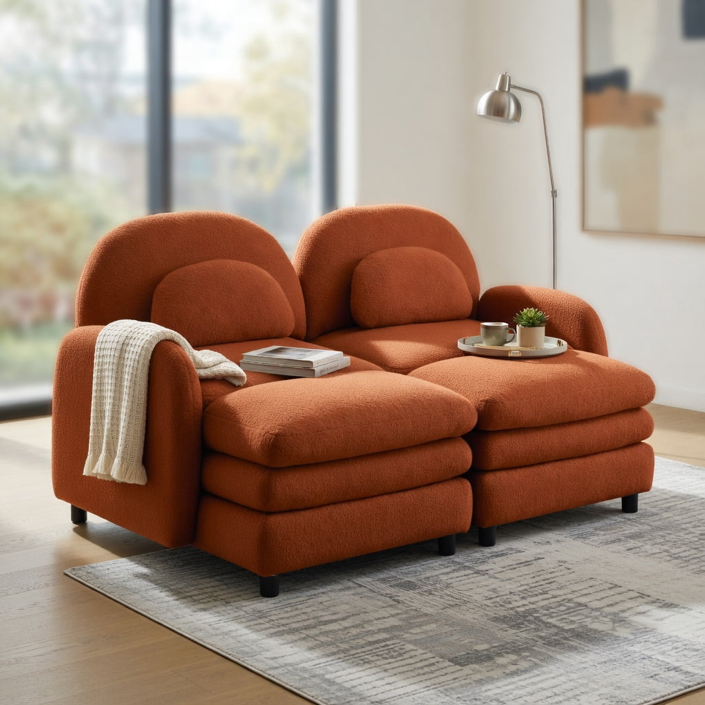 Hommoo Teddy Fleece 2-Seat Modular Sofa Set in Vibrant, Cloud-Like Double-Layer Cushions, Curved Backrest & Armrests, Includes 2 Movable Ottomans & Lumbar Pillows, Orange