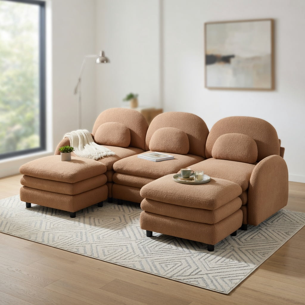 Hommoo Teddy Fleece 3-Seat Modular Sectional Sofa, Cloud-Like Double-Layer Cushions, Curved Backrest & Armrests, Includes 2 Movable Ottomans & Lumbar Pillows, Camel