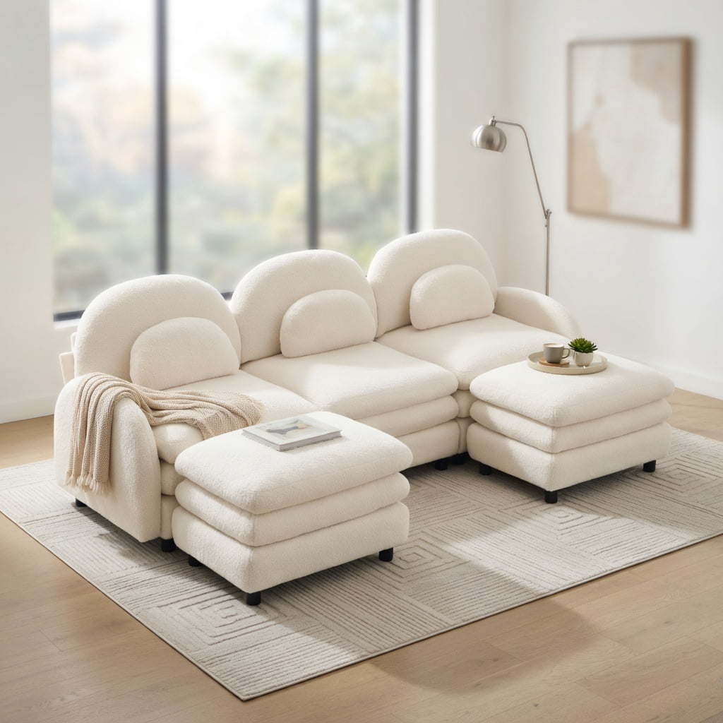 Hommoo Teddy Fleece 3-Seat Modular Sectional Sofa with Curved Backrest, Double-Layer Cloud Cushions & 2 Movable Ottomans, Beige