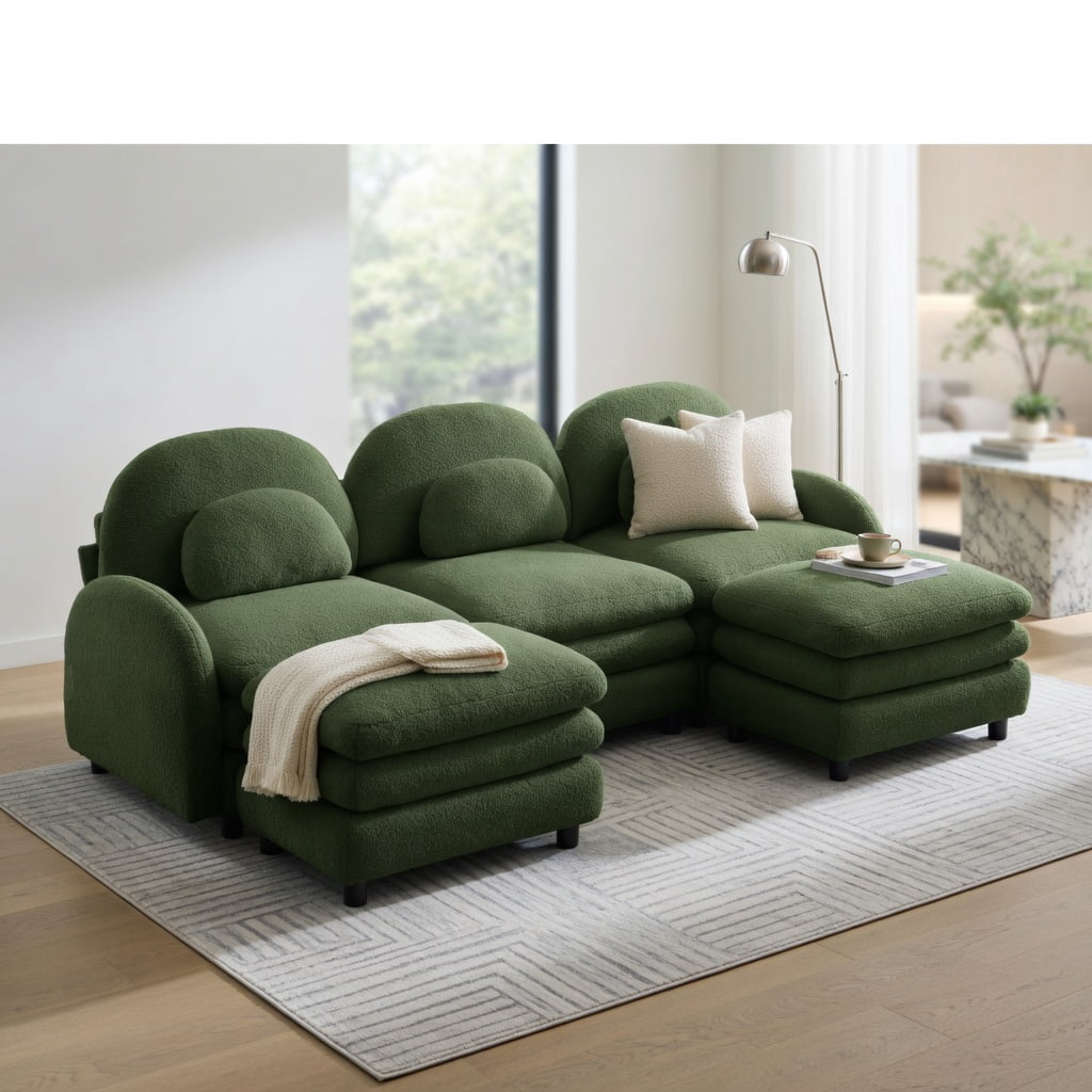 Hommoo Teddy Fleece 3-Seat Modular Sectional Sofa with Curved Backrest, Lumbar Pillows & 2 Movable Ottomans, Cloud-Like Comfort, Easy Assembly, Green
