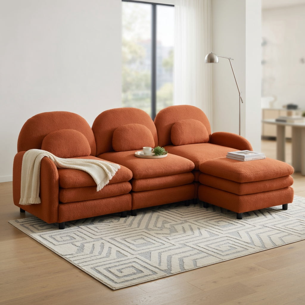 Hommoo Teddy Fleece 3-Seat Modular Sectional Sofa with Curved Backrest, Movable Ottoman & Cloud-Like Double-Layer Cushions, Orange