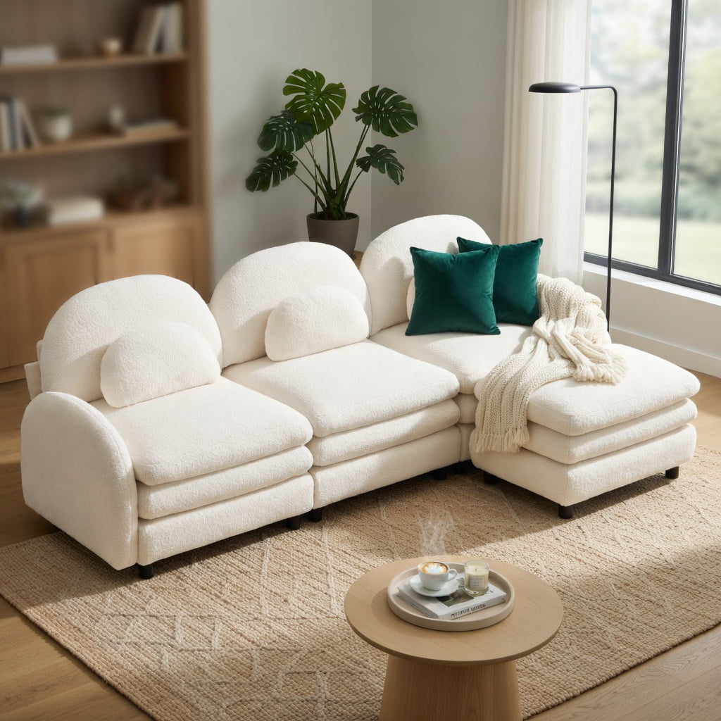 Hommoo Teddy Fleece 3-Seat Modular Sectional Sofa with Curved Backrest, Movable Ottoman & Double-Layer Cloud-Like Cushions, Beige