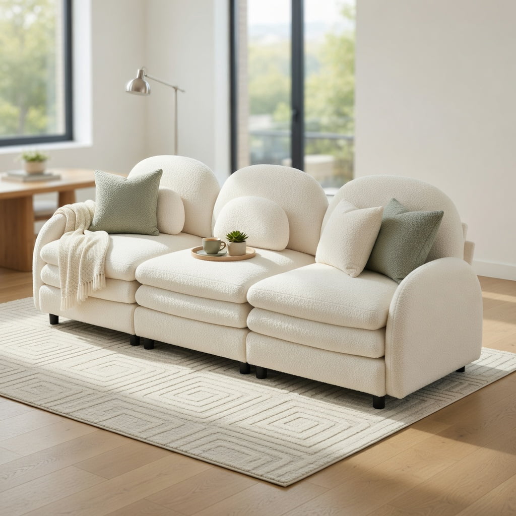 Hommoo Teddy Fleece 3-Seat Modular Sofa Set, Cloud-Like Softness, Curved Backrest & Lumbar Support, 3-Seater Couch with Double-Layer Cushions, Beige