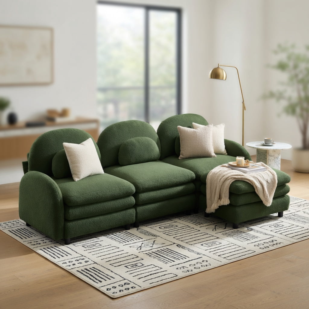 Hommoo Teddy Fleece 3-Seat Modular Sofa Set with Curved Backrest, Movable Ottoman & Lumbar Pillows, Cloud-Like Comfort Couch, Green