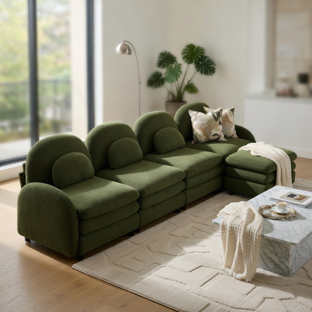 Hommoo Teddy Fleece 4-Seat Modular Sectional Sofa, Cloud-Like Double-Layer Cushion, Curved Backrest & Armrest, Movable Ottoman, Easy Assembly, Green